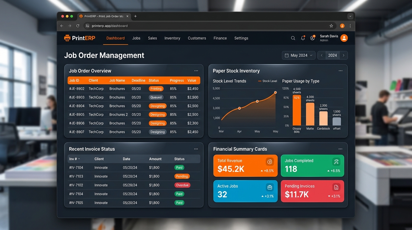PrintERP Job Order & Inventory Dashboard Screenshot
